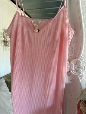 Vintage Pink Ribbed Slip Tank Top - Lightweight Spaghetti Strap